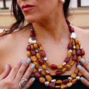 Carnelian-Amber Sterling Silver Solid Nuggets Necklace